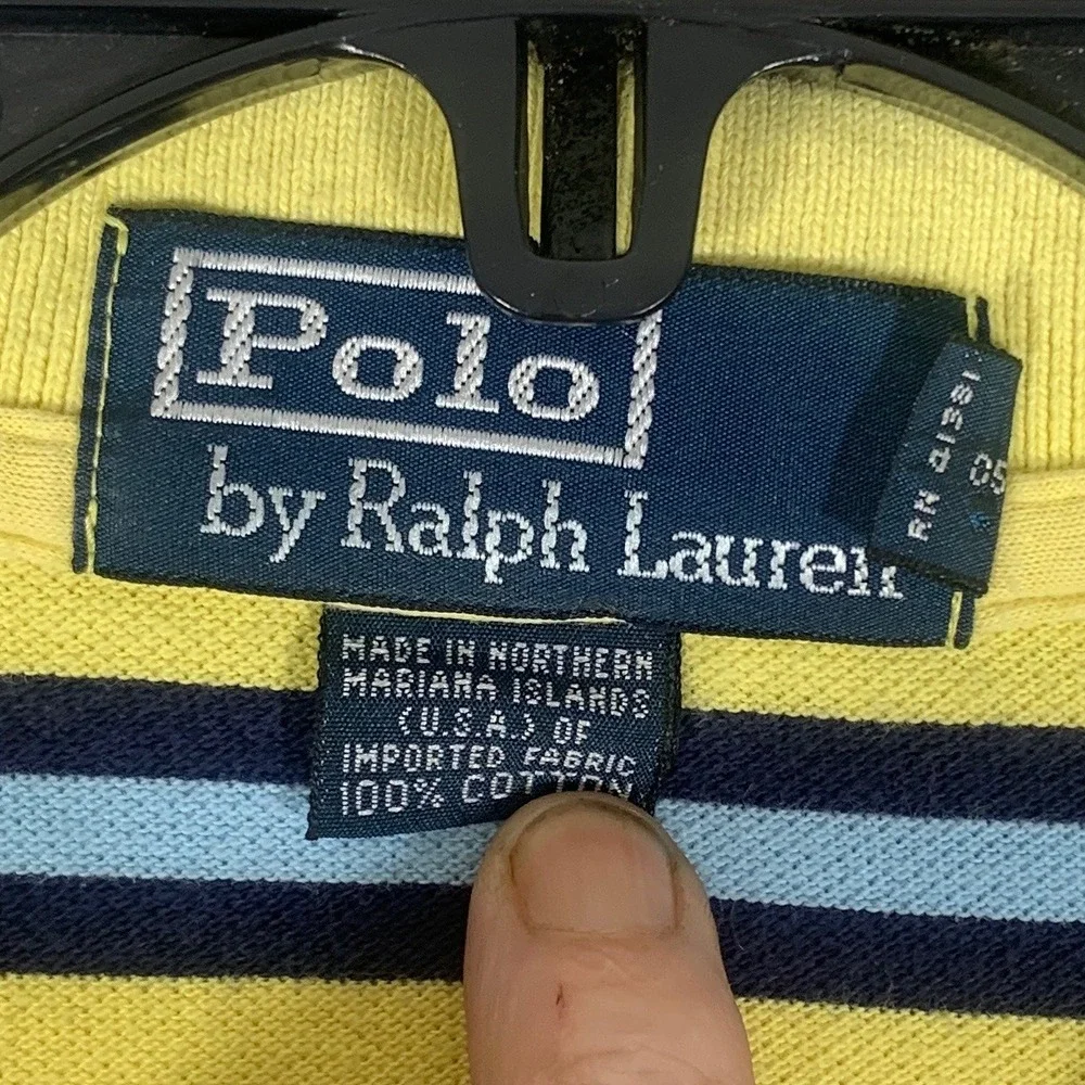VTG Polo Ralph Lauren Men Yellow Blue Stripe Polo Shirt Large Pony Logo Made USA